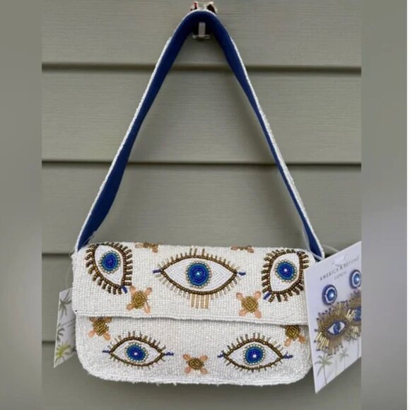 America & Beyond White Evil Eye Beaded Shoulder Bag & Earrings NWT - Picture 3 of 9